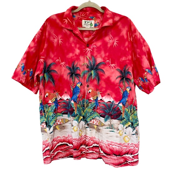 Vintage Other - Vintage Ky’s Men’s Red Hawaiian Shirt Parrots Surfboards Buttondown